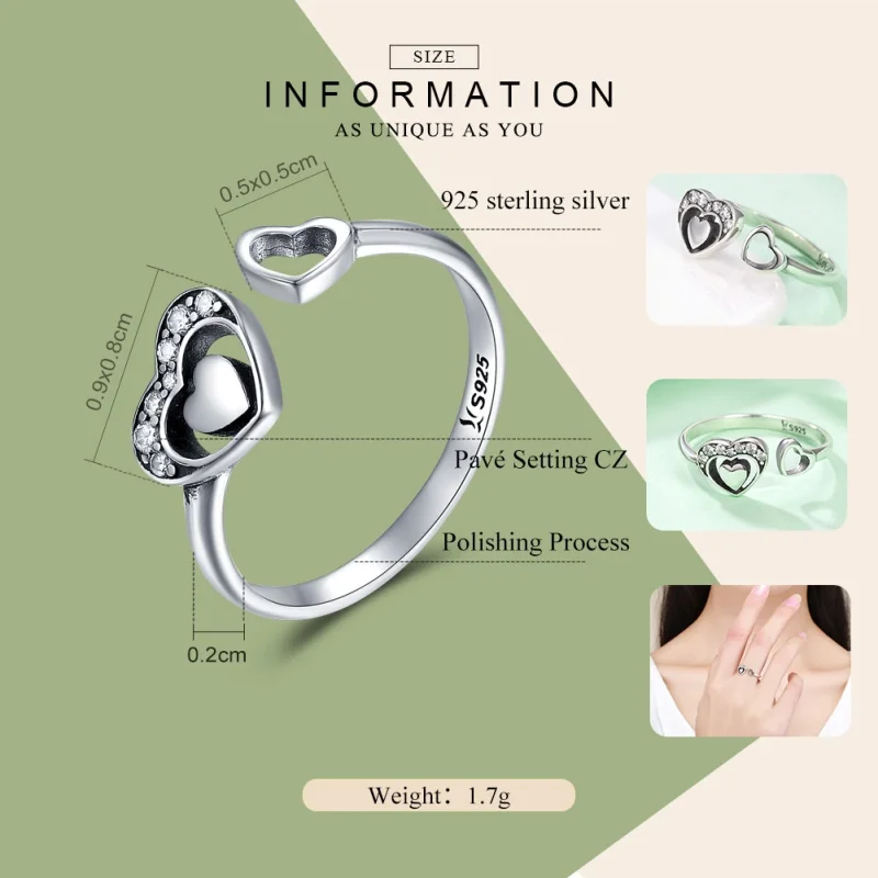 (image for) Pandora Style Silver Concomitant Two Hearts Ring - SCR168 - View 2