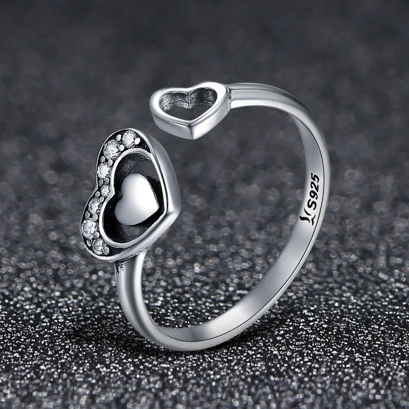 (image for) Pandora Style Silver Concomitant Two Hearts Ring - SCR168 - View 4