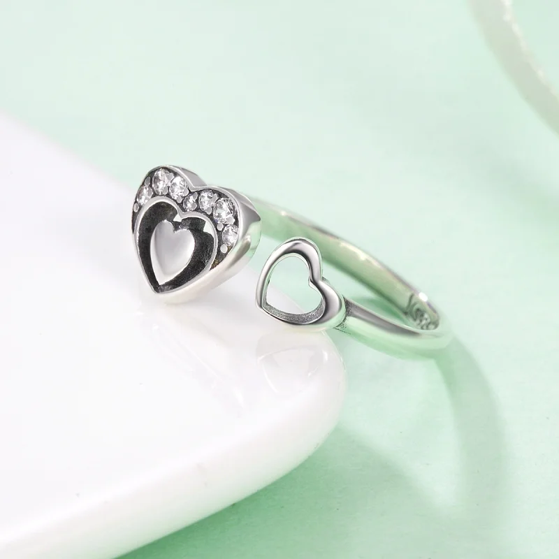 (image for) Pandora Style Silver Concomitant Two Hearts Ring - SCR168 - View 6