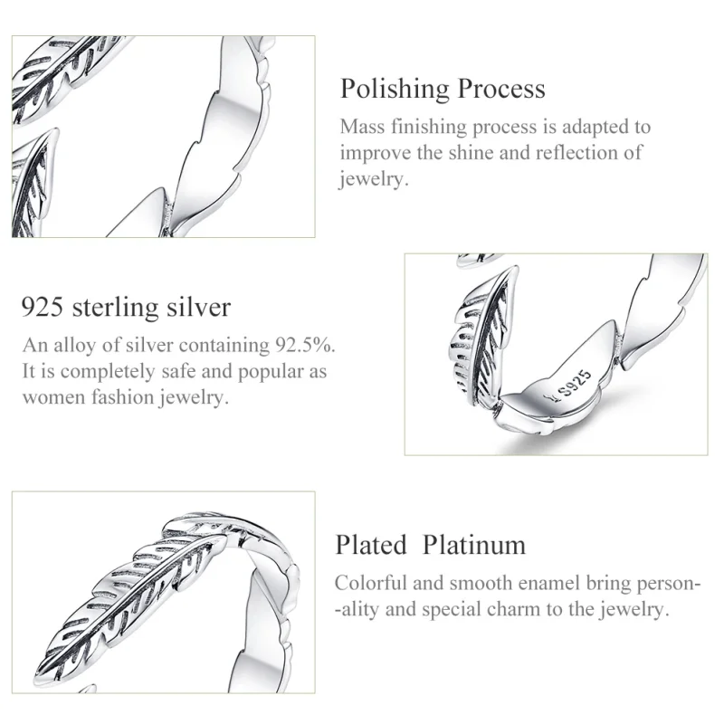 (image for) Pandora Style Silver Feather Open Ring - SCR517 - View 4