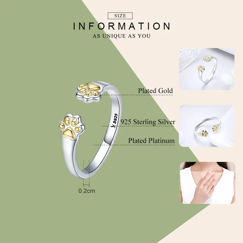 (image for) Pandora Style Silver & Gold-Plated Cat Paw Open Ring - SCR430 - View 3