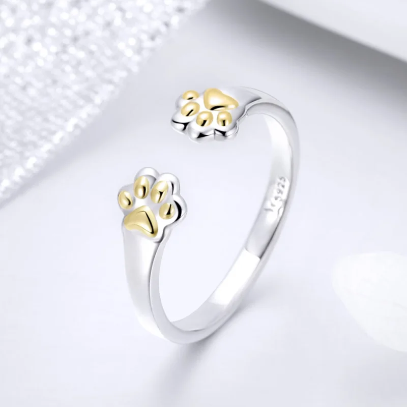 (image for) Pandora Style Silver & Gold-Plated Cat Paw Open Ring - SCR430 - View 4