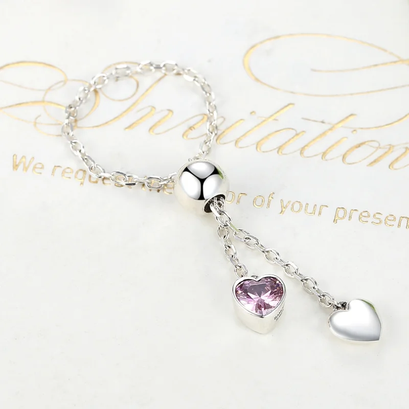 (image for) Pandora Style Silver Pink Heart Chain Ring - SCR015 - View 4