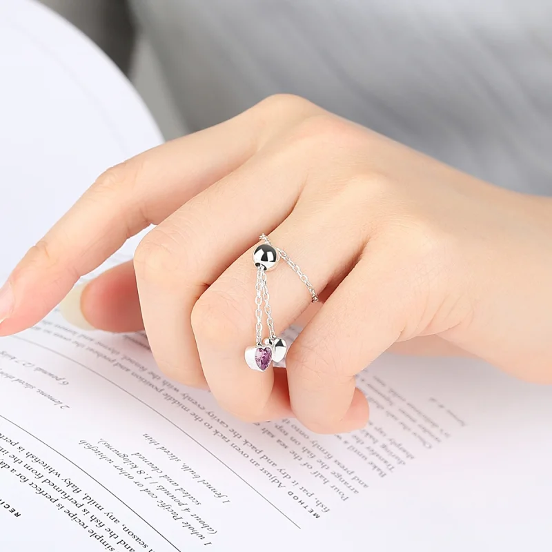 (image for) Pandora Style Silver Pink Heart Chain Ring - SCR015 - View 6