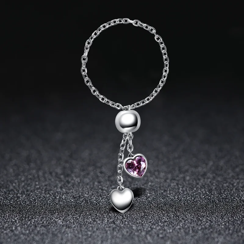 (image for) Pandora Style Silver Pink Heart Chain Ring - SCR015 - View 7