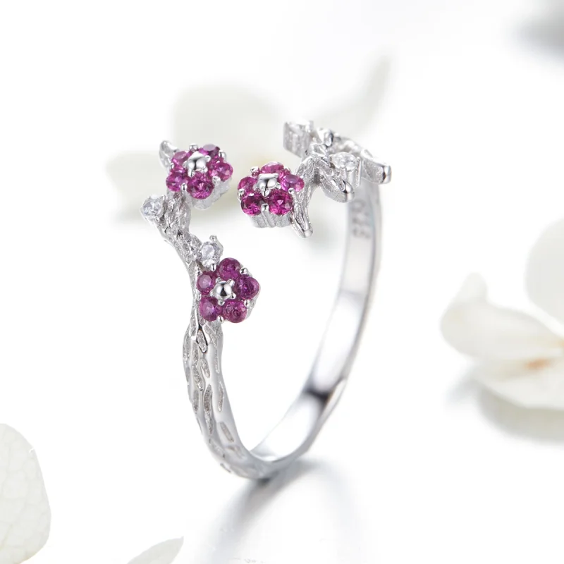 (image for) Pandora Style Silver Plum blossom Open Ring - BSR022 - View 2