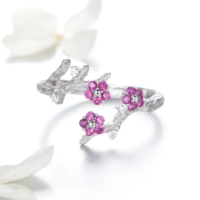 (image for) Pandora Style Silver Plum blossom Open Ring - BSR022 - View 3