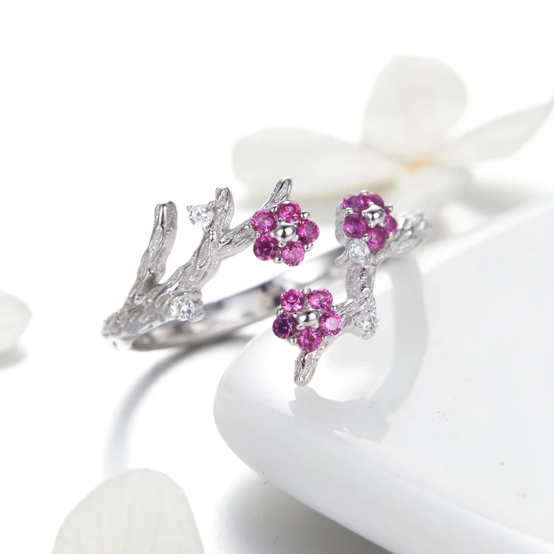 (image for) Pandora Style Silver Plum blossom Open Ring - BSR022 - View 4