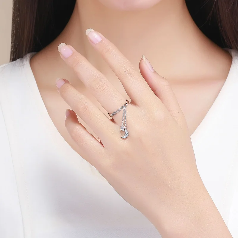 (image for) Pandora Style Silver Star & Moon Open Ring - SCR407 - View 7