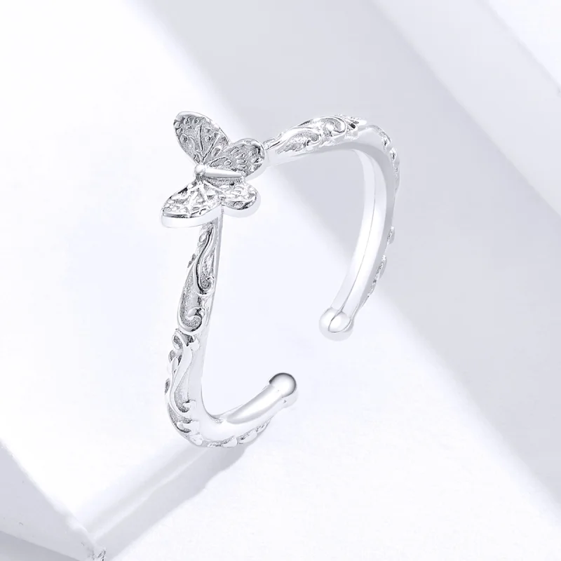 (image for) Pandora Style Silver Vintage Patterned Butterfly Open Ring - SCR634 - View 2