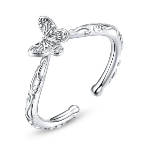 Pandora Style Silver Vintage Patterned Butterfly Open Ring - SCR634 (image for) Pandora Style Silver Vintage Patterned Butterfly Open Ring - SCR634