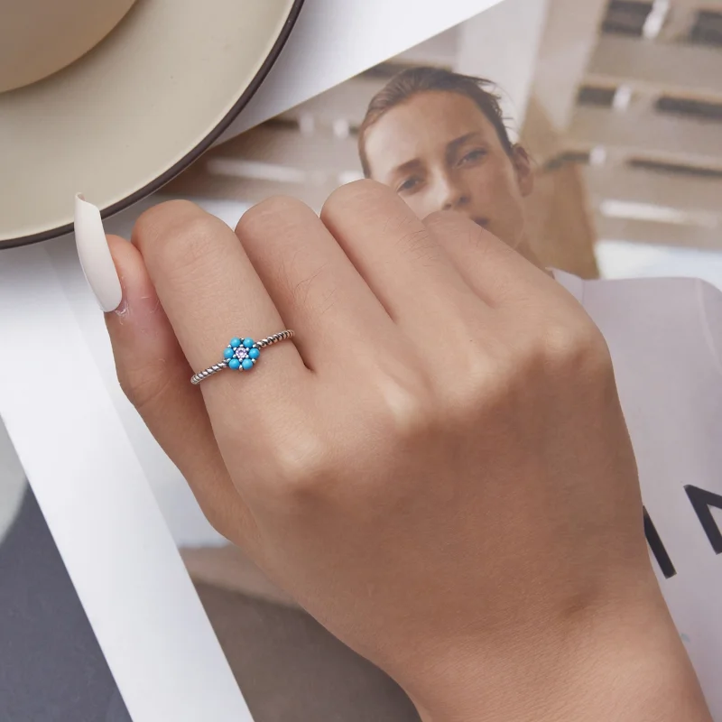 (image for) Pandora Style Turquoise Florets Open Ring - SCR884 - View 6