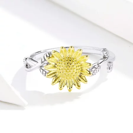 Pandora Style Two Tone Bicolor Golden Sunflowers Open Ring - SCR596