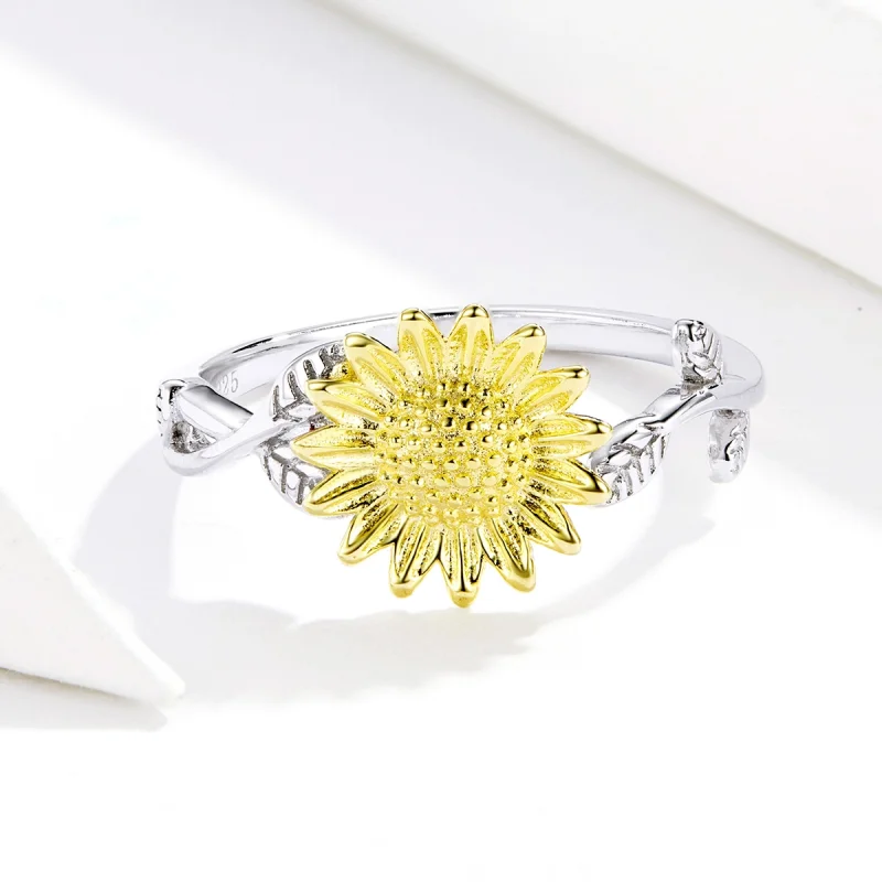 (image for) Pandora Style Two Tone Bicolor Golden Sunflowers Open Ring - SCR596 - View 3