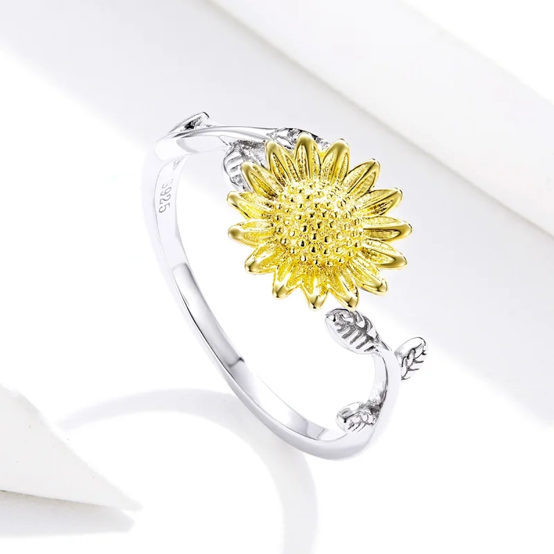 (image for) Pandora Style Two Tone Bicolor Golden Sunflowers Open Ring - SCR596 - View 4