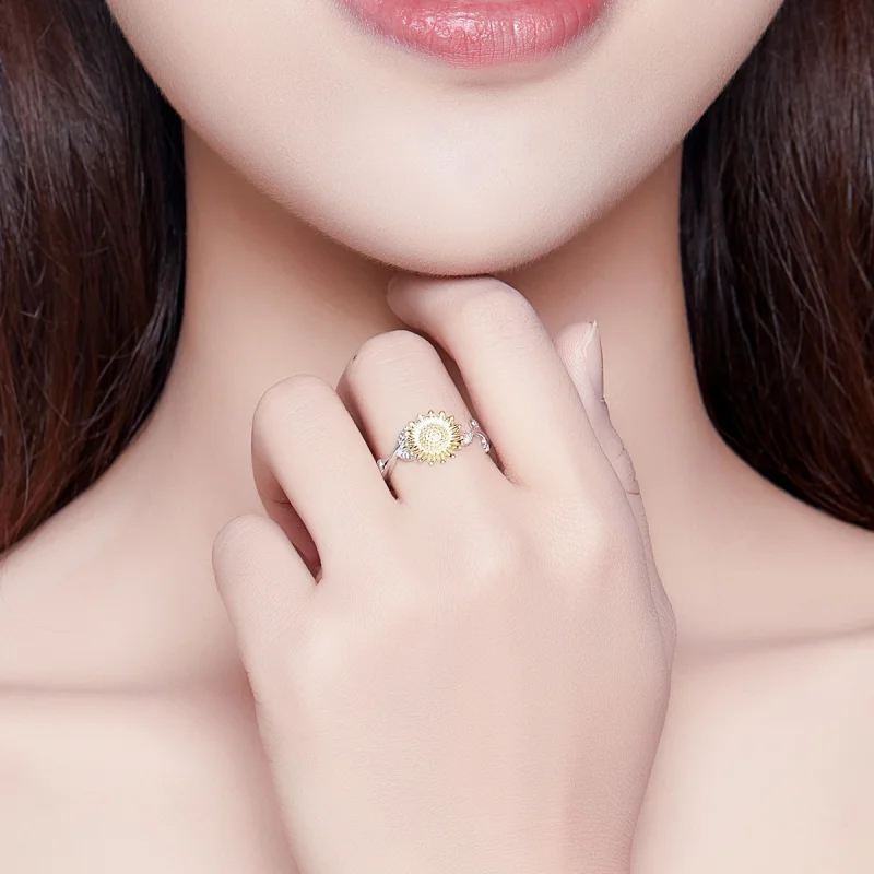 (image for) Pandora Style Two Tone Bicolor Golden Sunflowers Open Ring - SCR596 - View 7