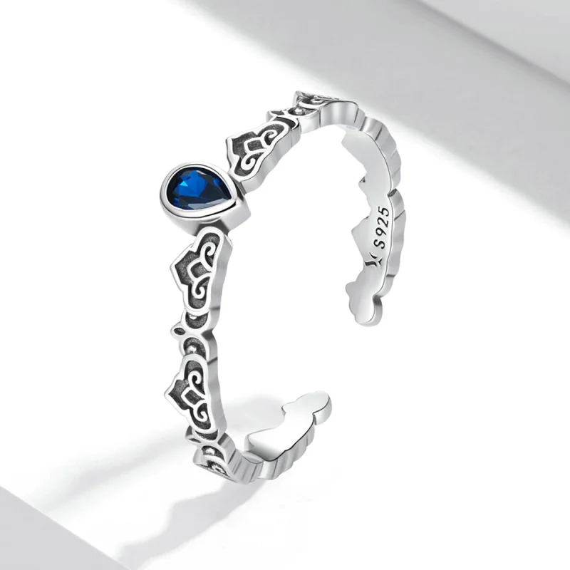 (image for) Pandora Style Vintage Pattern - Droplet Blue Stone Open Ring - SCR767 - View 2