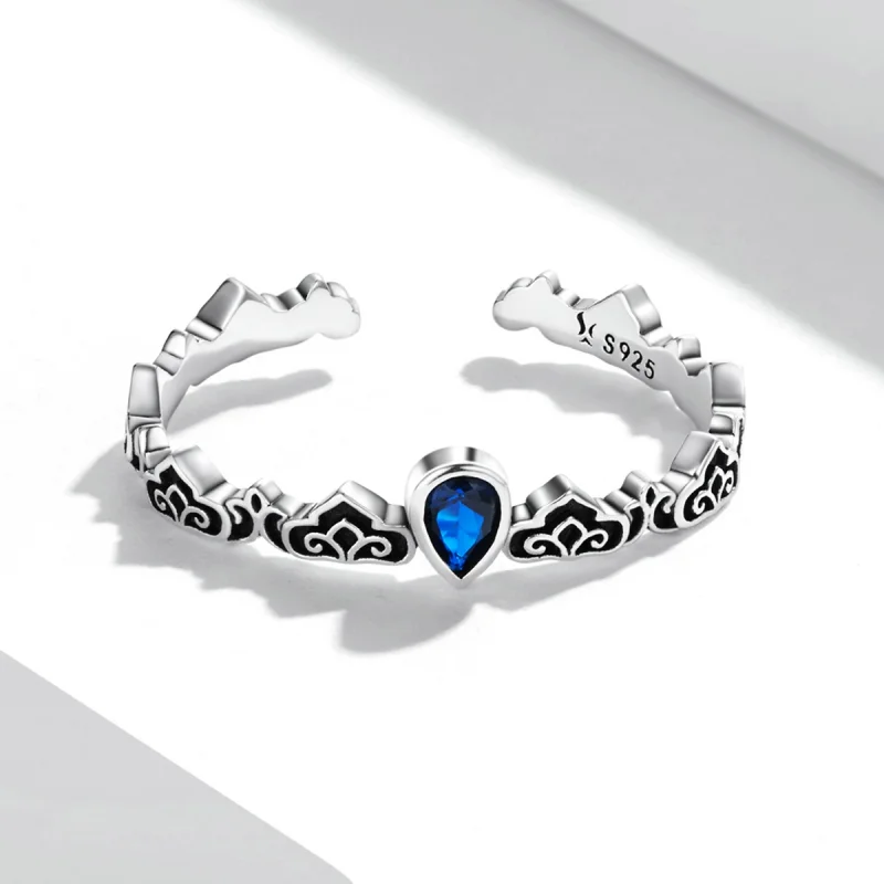 (image for) Pandora Style Vintage Pattern - Droplet Blue Stone Open Ring - SCR767 - View 3