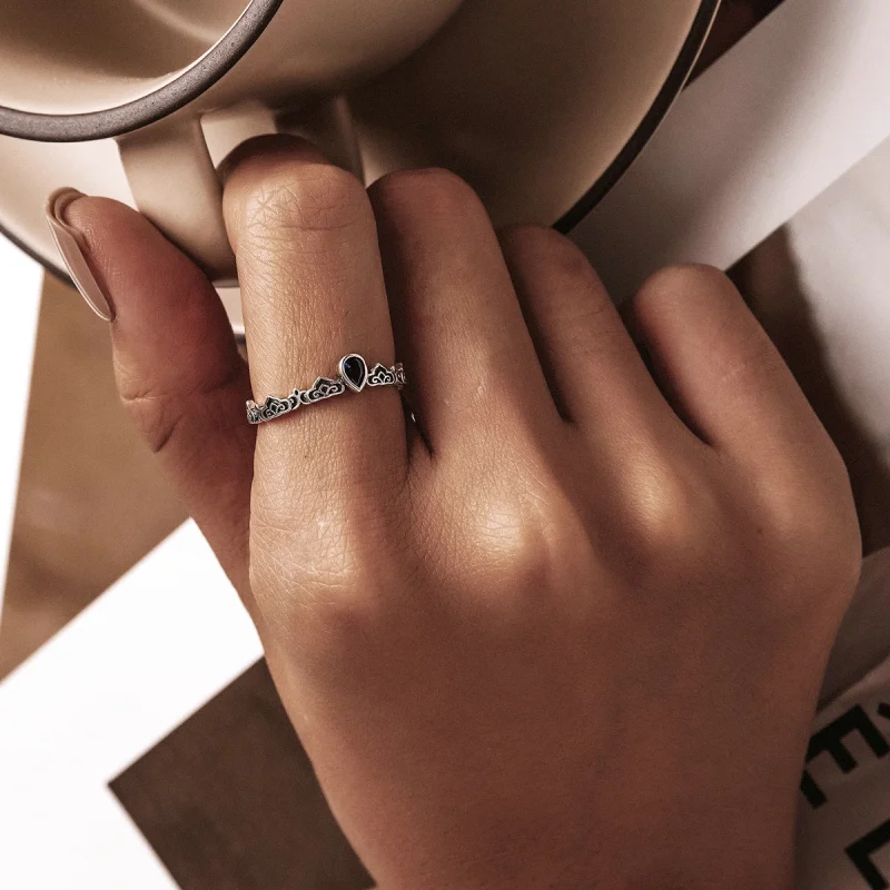 (image for) Pandora Style Vintage Pattern - Droplet Blue Stone Open Ring - SCR767 - View 6