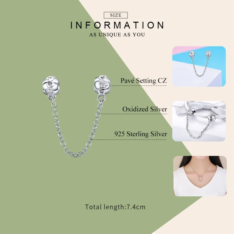 (image for) Pandora Style Silver Cute Hearts Safety Chain - SCC736 - View 7