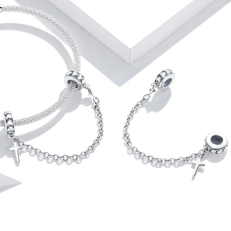 (image for) Pandora Style Silver Simple Cross Safety Chain - BSC362 - View 4