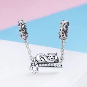 Pandora Style Silver Sleeping Cat Safety Chain - SCC856 Pandora Style Silver Sleeping Cat Safety Chain - SCC856