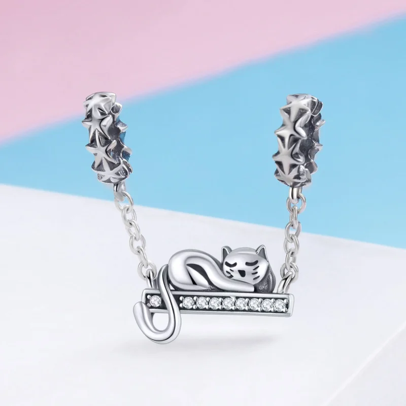 (image for) Pandora Style Silver Sleeping Cat Safety Chain - SCC856 - View 2
