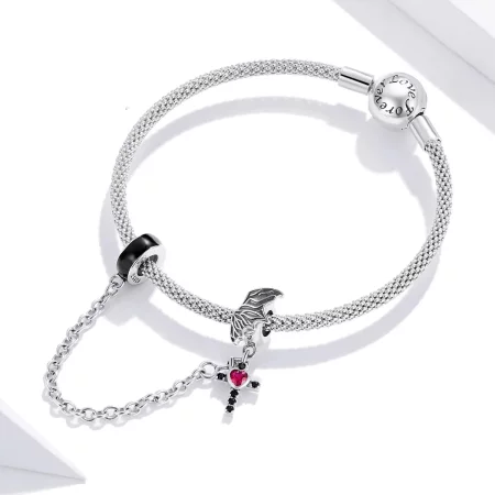 Pandora Style Silver Winged Cross Safety Chain - SCC1781