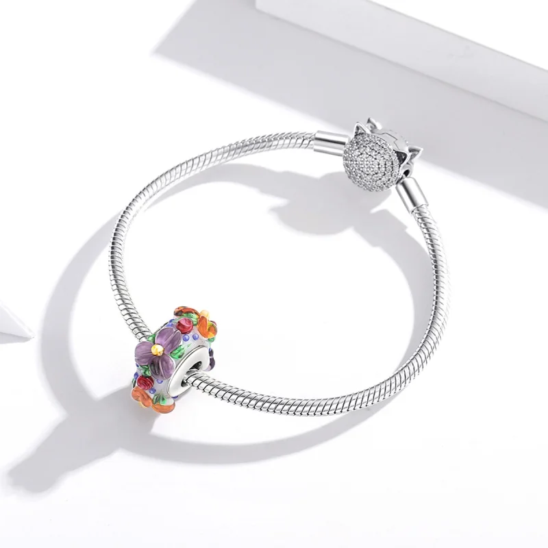 (image for) Pandora Style Silver Colorful Flowers Spacer Charm - SCC1720 - View 3
