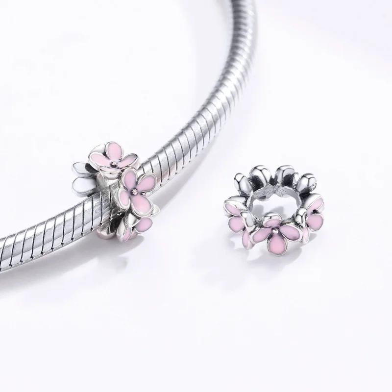 (image for) Pandora Style Silver Pink Flower Spacer Charm - SCC1484 - View 4