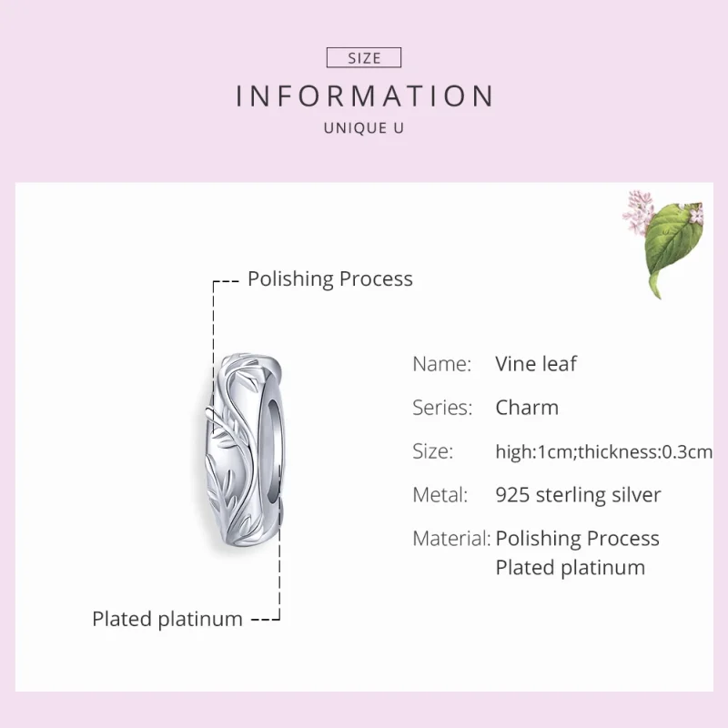 (image for) Pandora Style Silver Vine Leaf Spacer Charm - BSC142 - View 7