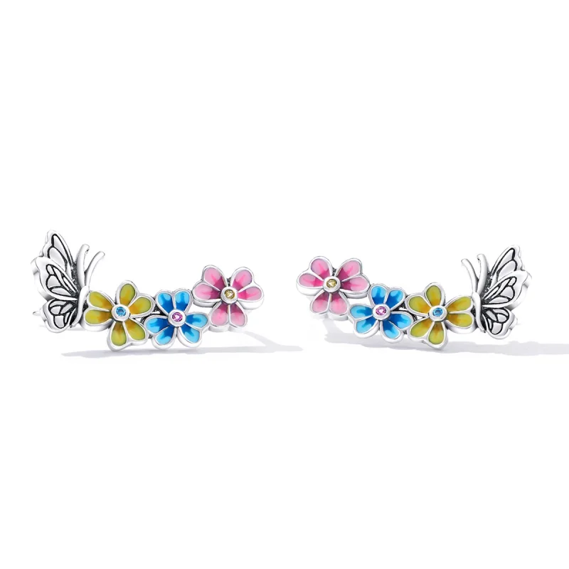 (image for) Pandora Style Butterfly Flower Stud Earrings - SCE1393 - View 2