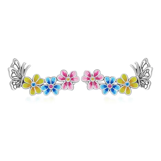 Pandora Style Butterfly Flower Stud Earrings - SCE1393
