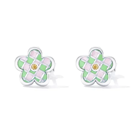 Pandora Style Checkerboard Florets Stud Earrings - SCE1387