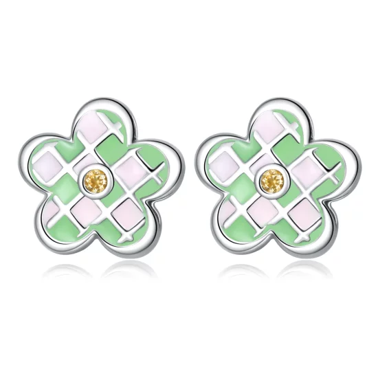 Pandora Style Checkerboard Florets Stud Earrings - SCE1387