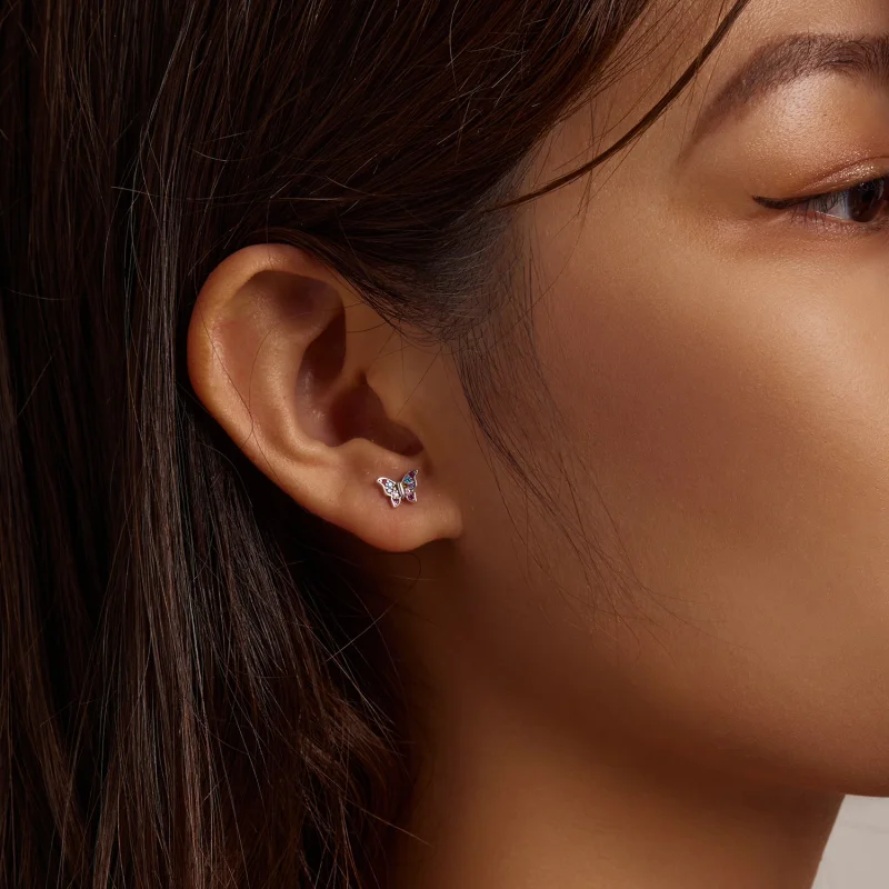 (image for) Pandora Style Colorful Butterfly Stud Earrings - BSE514 - View 3