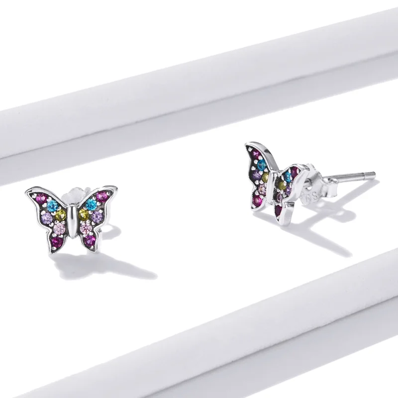 (image for) Pandora Style Colorful Butterfly Stud Earrings - BSE514 - View 2