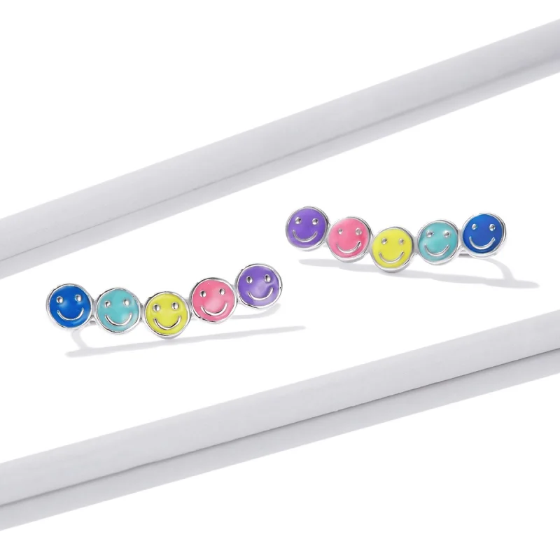 (image for) Pandora Style Colorful Smiley Face Stud Earrings - BSE553 - View 2