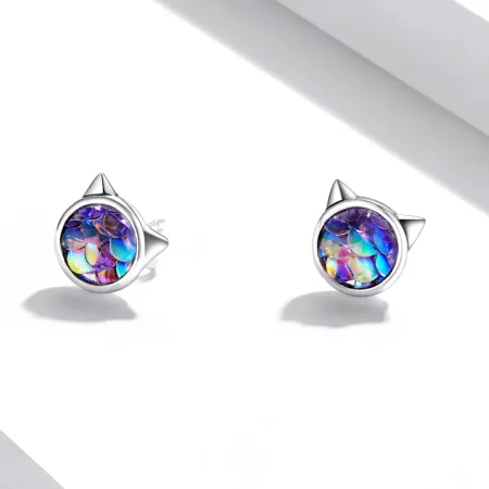 Pandora Style Fish Scale Cat Head Stud Earrings - SCE1301