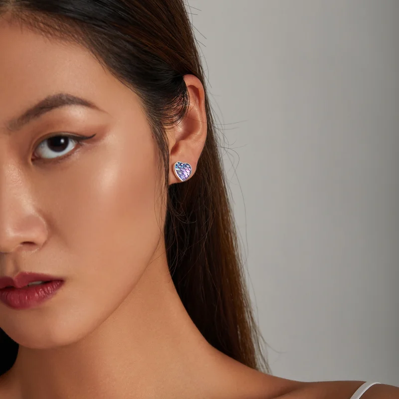 (image for) Pandora Style Fish Scale Heart Stud Earrings - SCE1300 - View 5