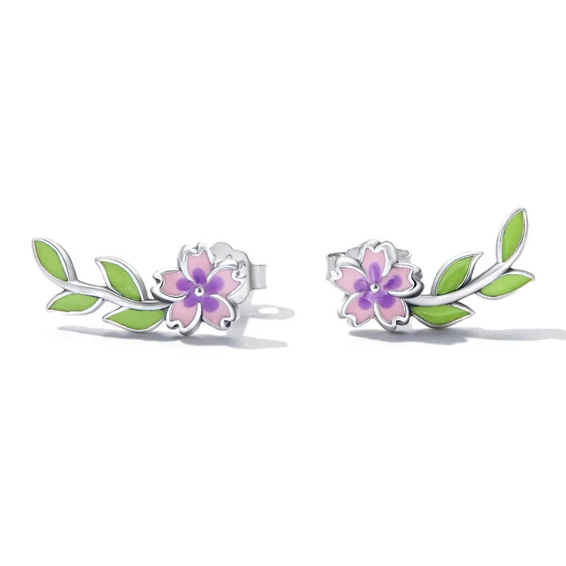(image for) Pandora Style Flowers Leaves Stud Earrings - SCE1391 - View 2