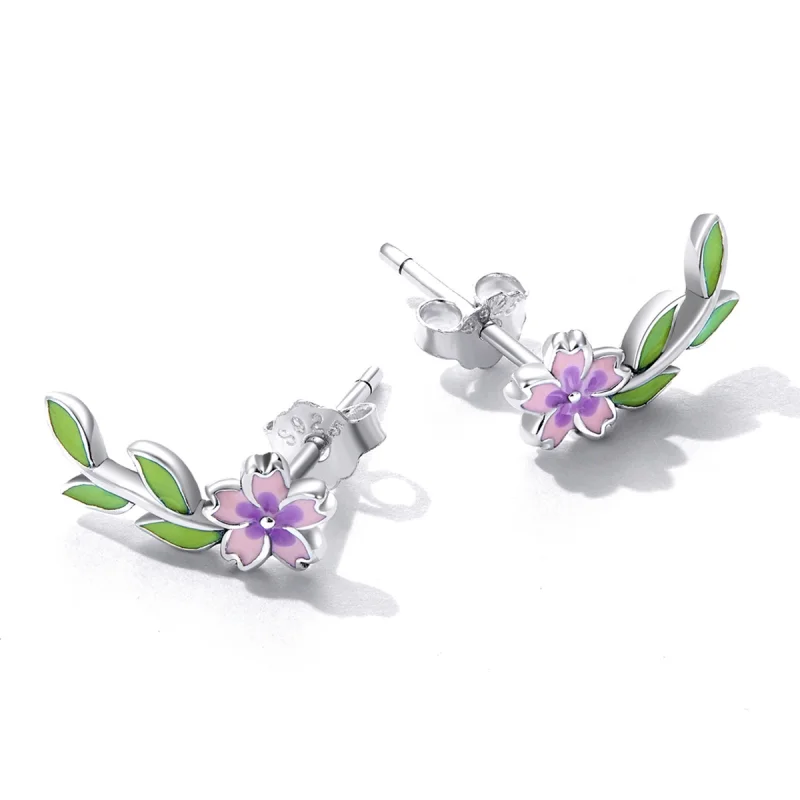 (image for) Pandora Style Flowers Leaves Stud Earrings - SCE1391 - View 3