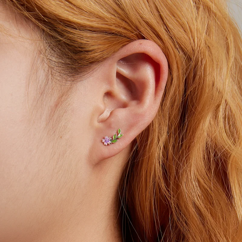 (image for) Pandora Style Flowers Leaves Stud Earrings - SCE1391 - View 6