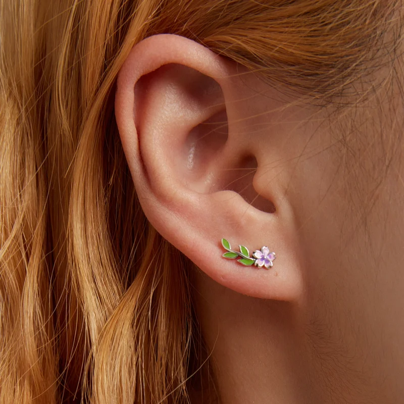 (image for) Pandora Style Flowers Leaves Stud Earrings - SCE1391 - View 7