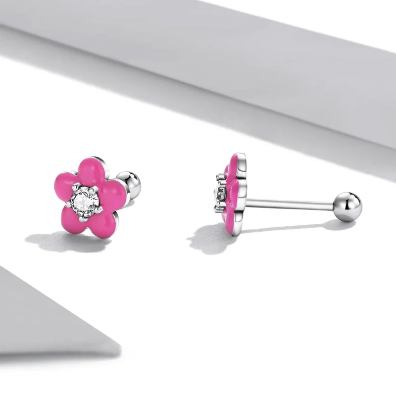 (image for) Pandora Style Fluorescent Pink Flowers Stud Earrings - SCE1353 - View 2