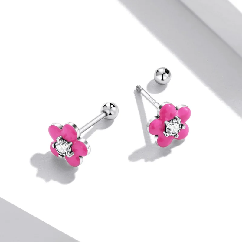 (image for) Pandora Style Fluorescent Pink Flowers Stud Earrings - SCE1353 - View 3