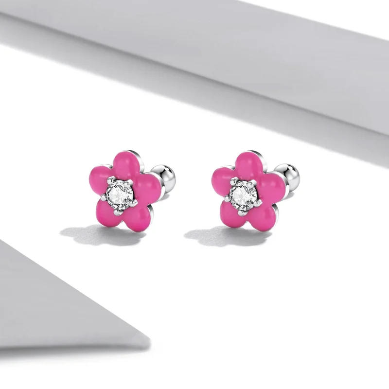 (image for) Pandora Style Fluorescent Pink Flowers Stud Earrings - SCE1353 - View 4
