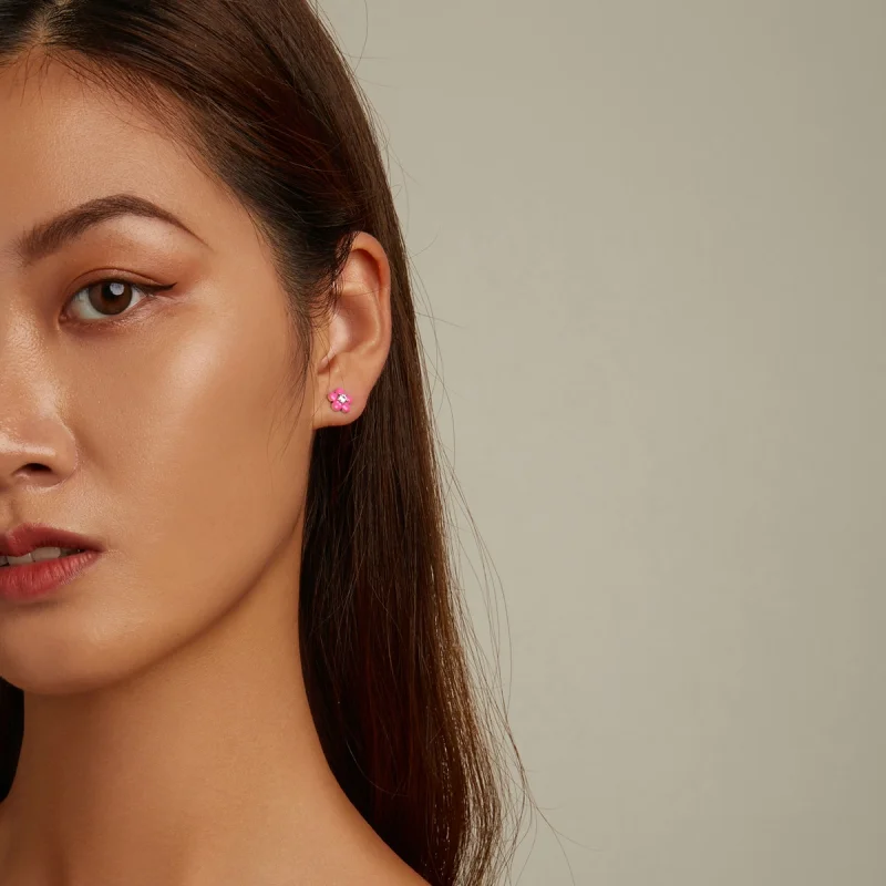 (image for) Pandora Style Fluorescent Pink Flowers Stud Earrings - SCE1353 - View 5