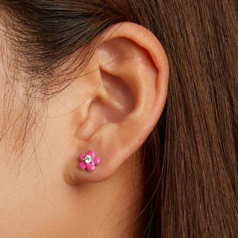 (image for) Pandora Style Fluorescent Pink Flowers Stud Earrings - SCE1353 - View 6