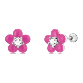 Pandora Style Fluorescent Pink Flowers Stud Earrings - SCE1353 Pandora Style Fluorescent Pink Flowers Stud Earrings - SCE1353